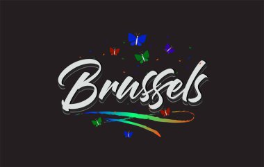 Beyaz Brüksel Kelebekleri ve Renkli Swoosh 'lu Vektör Sözcük Metni.
