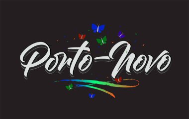 Beyaz Porto-Novo Kelebekli ve Renkli Swoosh 'lu Vektör Sözcük Metni.