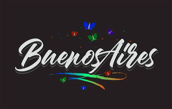 White Buenos Aires Handwritten Vector Word Text Butterfly Colorful Swoosh — стоковий вектор