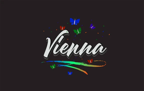 Vit Wien Handskriven Vektor Word Text Med Fjärilar Och Färgglada — Stock vektor