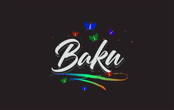 White Baku Handgeschriebener Vektor Worttext Mit Schmetterlingen Und Buntem Swoosh — Stockvektor