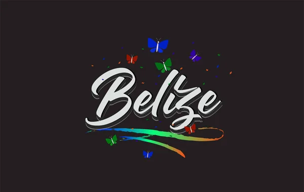 Fehér Belize Kézírásos Vektor Word Szöveg Pillangók Színes Swoosh — Stock Vector