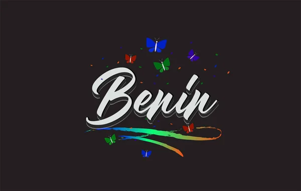 Vit Benin Handskriven Vektor Word Text Med Fjärilar Och Färgglada — Stock vektor
