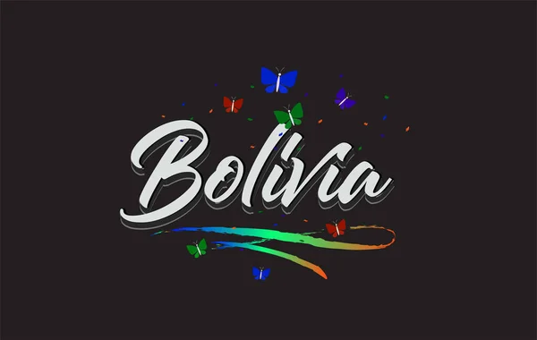Branco Bolívia Manuscrito Vetor Palavra Texto Com Borboletas Swoosh Colorido — Vetor de Stock