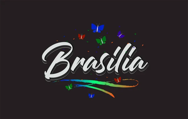 Vit Brasilia Handskriven Vektor Word Text Med Fjärilar Och Färgglada — Stock vektor