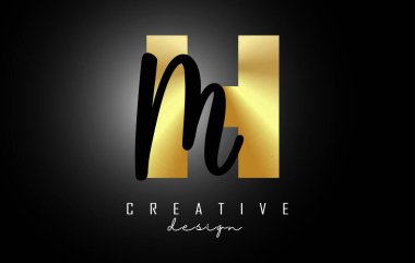 Minimalist tasarımlı Altın Harfler HM logosu. H ve Mwith harfleri geometrik ve el yazısı tipografi.