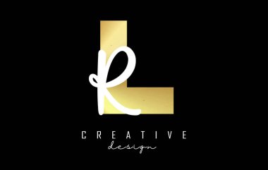Minimalist dizaynlı Altın Harfler LR logosu. Geometrik ve el yazısıyla yazılmış L ve R harfleri.