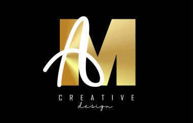 Minimalist dizaynlı Altın Harfler MA Logosu. Geometrik ve el yazısıyla yazılmış M ve A harfleri.