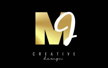 Minimalist dizaynlı Altın Harfler MJ Logosu. Geometrik ve el yazısıyla yazılmış M ve J harfleri.