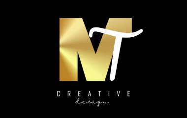 Minimalist tasarımlı Altın Harfler MT Logosu. Geometrik ve el yazısıyla yazılmış M ve T harfleri.
