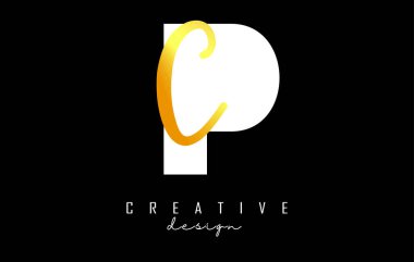 Minimalist dizaynlı Altın Harfler PC Logosu. Geometrik ve el yazısıyla yazılmış P ve C harfleri.