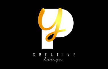 Minimalist dizaynlı Altın Harfler PY logosu. Geometrik ve el yazısıyla yazılmış P ve Y harfleri.
