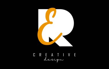Minimalist dizaynlı Altın Harfler RE Logosu. Geometrik ve el yazısıyla yazılmış R ve E harfleri.