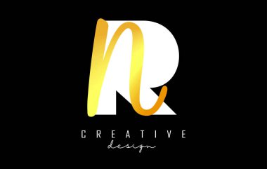 Minimalist dizaynlı Altın Harfler RN Logosu. Geometrik ve el yazısıyla yazılmış R ve N harfleri.