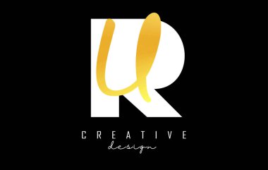 Minimalist dizaynlı Altın Harfler RU logosu. Geometrik ve el yazısıyla yazılmış R ve U harfleri.