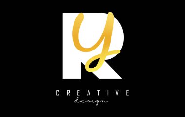 Minimalist dizaynlı Altın Harfler RY Logosu. Geometrik ve el yazısı tipografili R ve Y harfleri.