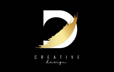 Beyaz Harf D logosu, altın fırça darbesi ve siyah arka planda yaratıcı kesik.. 