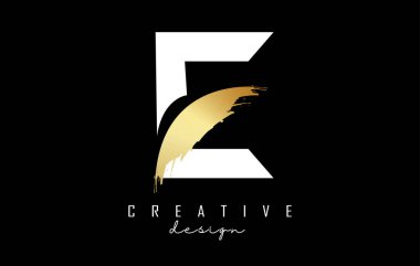Beyaz Harf E logosu, altın fırça darbesi ve siyah arka planda yaratıcı kesik..