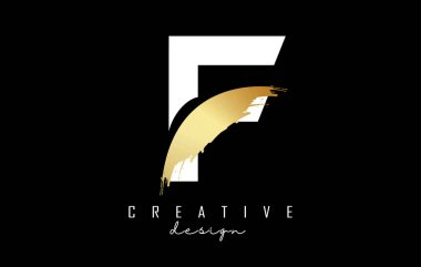 Beyaz Harf F logosu, altın fırça darbesi ve siyah arka planda yaratıcı kesik..