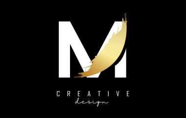 Beyaz Harf M logosu, altın fırça darbesi ve siyah arka planda yaratıcı kesik.. 