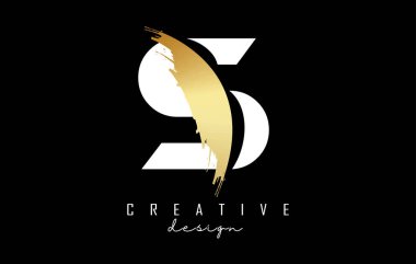 Beyaz Harf S logosu, altın fırça darbesi ve siyah arka planda yaratıcı kesik..