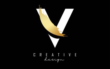 Beyaz Harf V logosu, altın fırça darbesi ve siyah arka planda yaratıcı kesik.. 