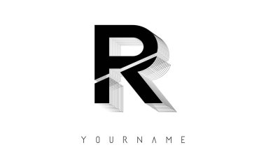 Kara Tel R Harf Logosu Tasarımı iki renk. Kablolu dış çerçeve ile yaratıcı vektör çizimi.