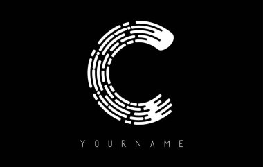 Beyaz C harfi logosu. Çizgiler ve parmak izi desenli yaratıcı minimal monokrom monogramı. 