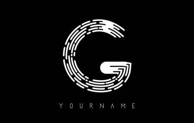 Beyaz G harfli logo konsepti. Çizgiler ve parmak izi desenli yaratıcı minimal monokrom monogramı.