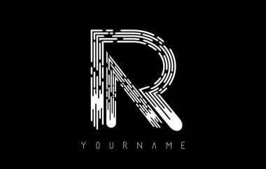 Beyaz R harfi logosu. Çizgiler ve parmak izi desenli yaratıcı minimal monokrom monogramı.