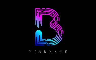 Canlı pembe ve mavi B harfi logo konsepti. Çizgiler ve parmak izi desenli yaratıcı minimal monokrom monogramı. 