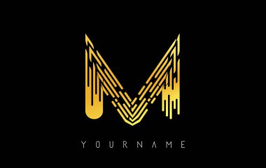 Altın M harfi logosu. Çizgiler ve parmak izi desenli yaratıcı minimal monokrom monogramı.