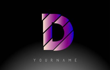 Soyut dilimlenmiş logo tasarımlı D harfi. Canlı mavi ve pembe gradyan rengine sahip yaratıcı vektör çizimi.