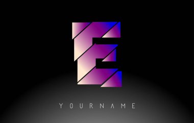Soyut dilimlenmiş logo tasarımlı E harfi. Canlı mavi ve pembe gradyan rengine sahip yaratıcı vektör çizimi.