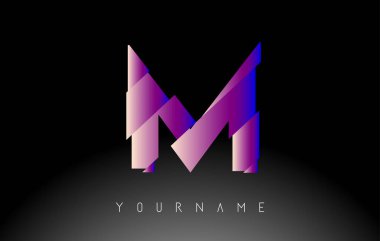 Soyut dilimlenmiş logo tasarımlı M harfi. Canlı mavi ve pembe gradyan rengine sahip yaratıcı vektör çizimi.