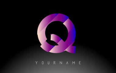Soyut dilimlenmiş logo tasarımlı Q harfi. Canlı mavi ve pembe gradyan rengine sahip yaratıcı vektör çizimi.
