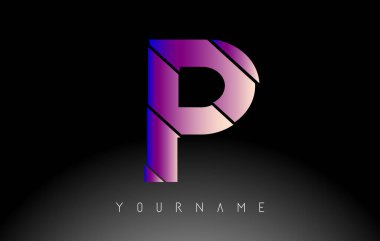 Soyut dilimlenmiş logo tasarımlı P harfi. Canlı mavi ve pembe gradyan rengine sahip yaratıcı vektör çizimi.