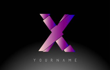 Soyut dilimlenmiş logo tasarımlı X harfi. Canlı mavi ve pembe gradyan rengine sahip yaratıcı vektör çizimi.