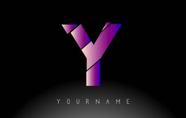 Soyut dilimlenmiş logo tasarımlı Y harfi. Canlı mavi ve pembe gradyan rengine sahip yaratıcı vektör çizimi.