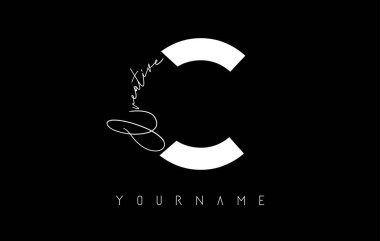 Yaratıcı C logosu ve el yazısıyla yazılmış metin tasarımı. Geometrik dizaynlı harf.