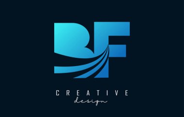 Yaratıcı mavi harfler BF b f logosu, öncü çizgiler ve yol konsepti tasarımı. Geometrik dizaynlı harfler.