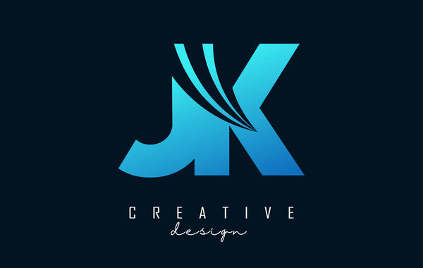 Creative blue letters JK j k logo with leading lines and road concept design. Letters with geometric design.