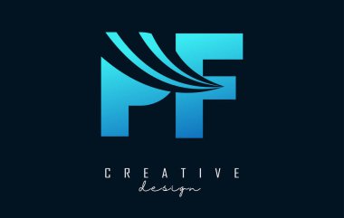 Önde gelen çizgiler ve yol konsepti tasarımlı yaratıcı mavi harfler PF p f logosu. Geometrik dizaynlı harfler.