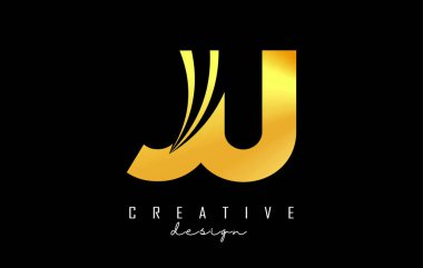 Creative golden letters JU j u logo with leading lines and road concept design. Letters with geometric design. clipart