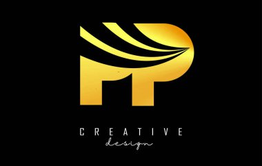 Yaratıcı altın harfler. PP p logosu. Önde gelen çizgiler ve yol konsepti tasarımı. Geometrik dizaynlı harfler.