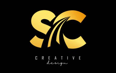 Golden letter SC s c logo with leading lines and road concept design. Letters with geometric design. Vector Illustration with letter and creative cuts.