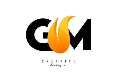 Vector illustration of abstract letters GM g m with fire flames and Orange Swoosh design. Letters logo with creative cut and shape.