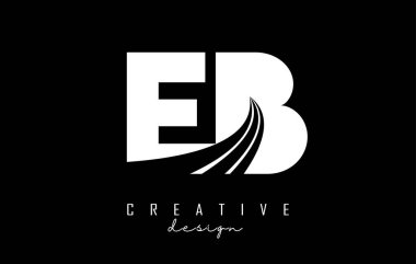 Creative white letters EB e b logo with leading lines and road concept design. Letters with geometric design.