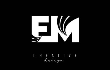 Creative white letters EM e m logo with leading lines and road concept design. Letters with geometric design.