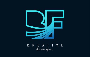 Outline blue letters BF b f logo with leading lines and road concept design. Letters with geometric design.
